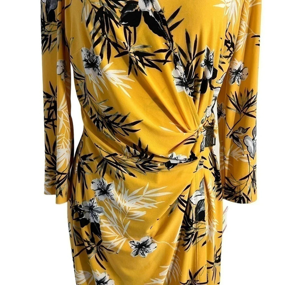 Anne Klein NEW Yellow Tropical Floral Dress 6 Jersey Stretch Draped Knee Length - Picture 6 of 11